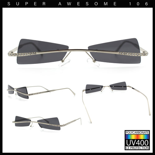 Womens Avant Garde Jewel Rhinestone Cross Bar Metal Rimless Rectangle Sunglasses