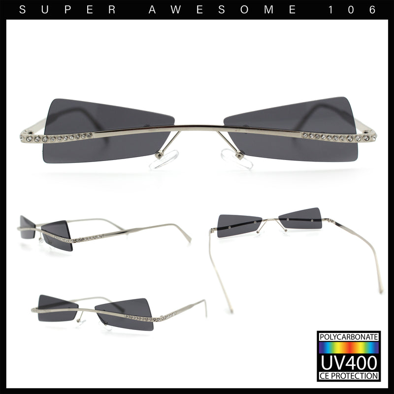 Womens Avant Garde Jewel Rhinestone Cross Bar Metal Rimless Rectangle Sunglasses
