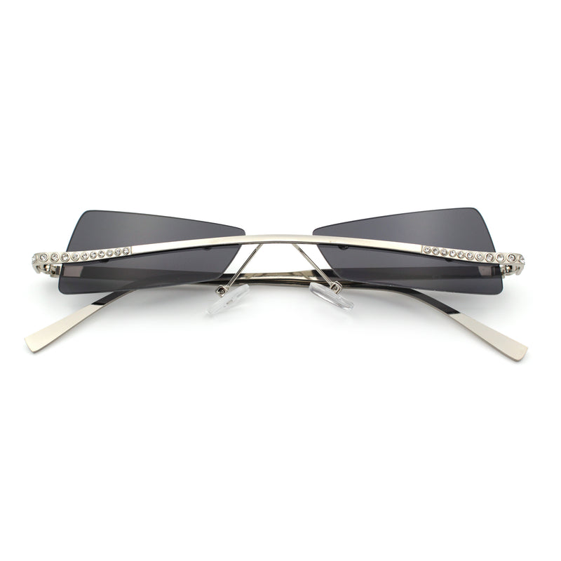 Womens Avant Garde Jewel Rhinestone Cross Bar Metal Rimless Rectangle Sunglasses