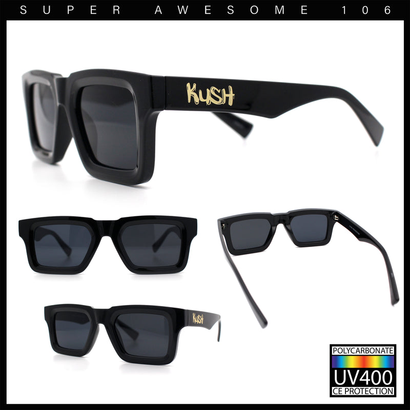 Kush Graffiti Logo Hipster Horn Rim Thick Plastic Mens All Black Sunglasses