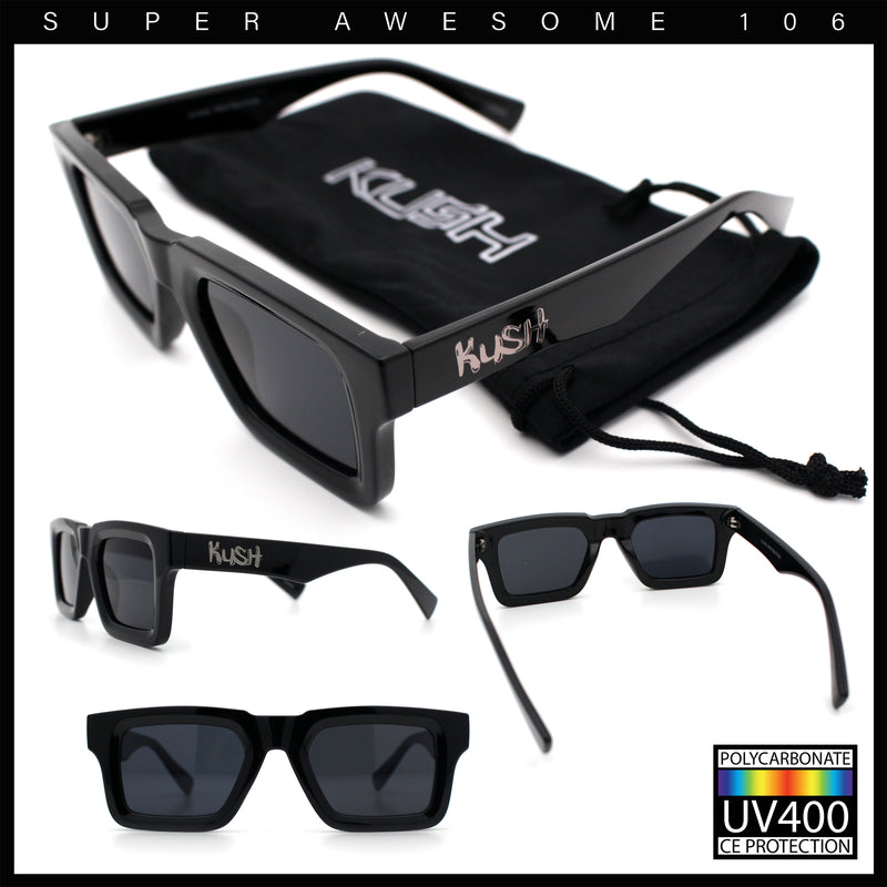 Kush Graffiti Logo Hipster Horn Rim Thick Plastic Mens All Black Sunglasses