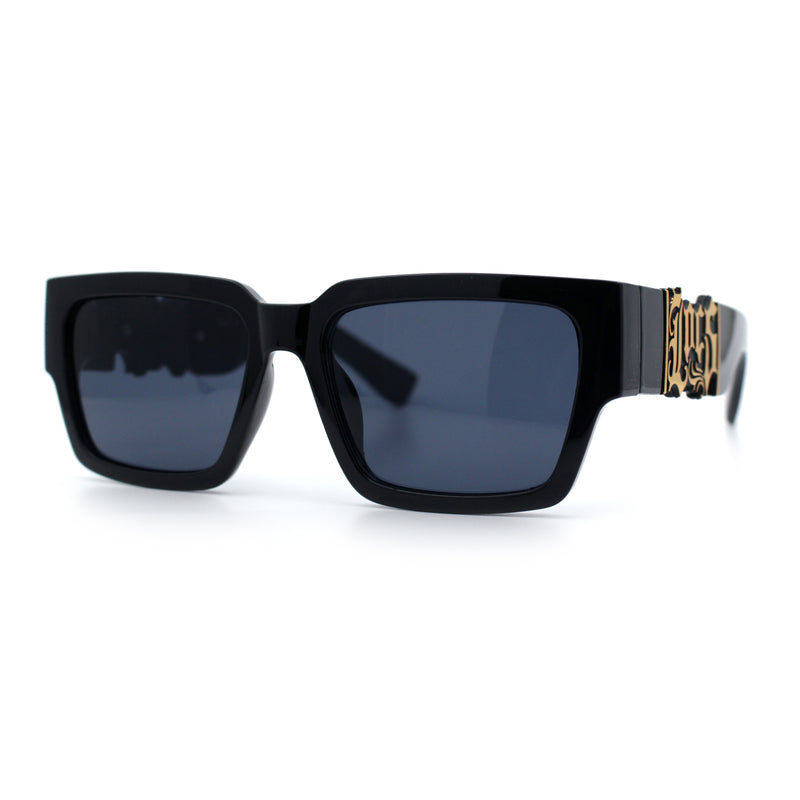 Locs Mens Bold Gothic Logo Thick Arm Horn Rim Gangster All Black Sunglasses