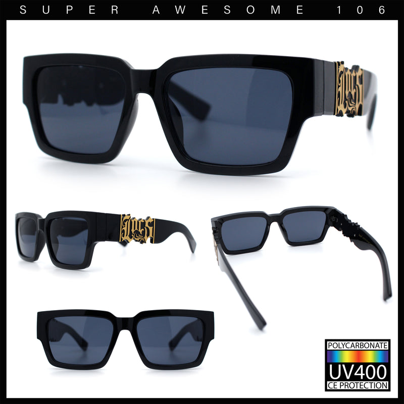 Locs Mens Bold Gothic Logo Thick Arm Horn Rim Gangster All Black Sunglasses