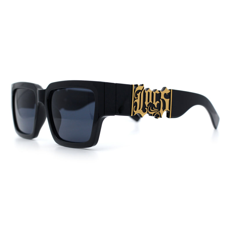 Locs Mens Bold Gothic Logo Thick Arm Horn Rim Gangster All Black Sunglasses