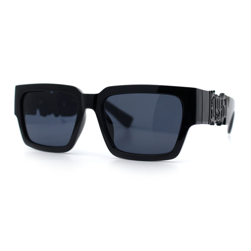 Locs Mens Bold Gothic Logo Thick Arm Horn Rim Gangster All Black Sunglasses