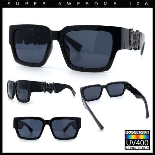 Locs Mens Bold Gothic Logo Thick Arm Horn Rim Gangster All Black Sunglasses