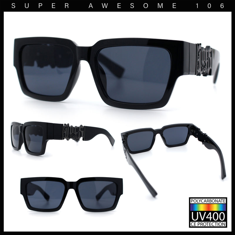 Locs Mens Bold Gothic Logo Thick Arm Horn Rim Gangster All Black Sunglasses