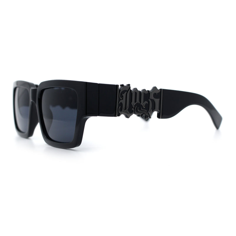 Locs Mens Bold Gothic Logo Thick Arm Horn Rim Gangster All Black Sunglasses