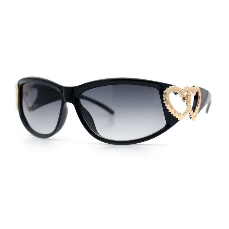 Womens Diva Wrap Around Double Heart Jewel Hinge Plastic Fashion Sunglasses