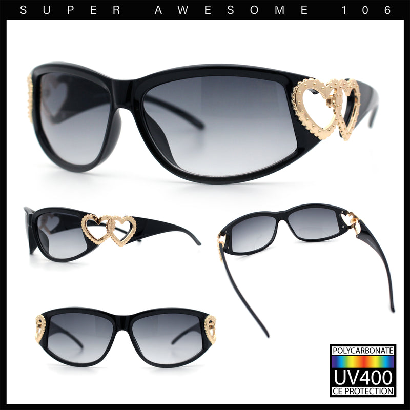 Womens Diva Wrap Around Double Heart Jewel Hinge Plastic Fashion Sunglasses