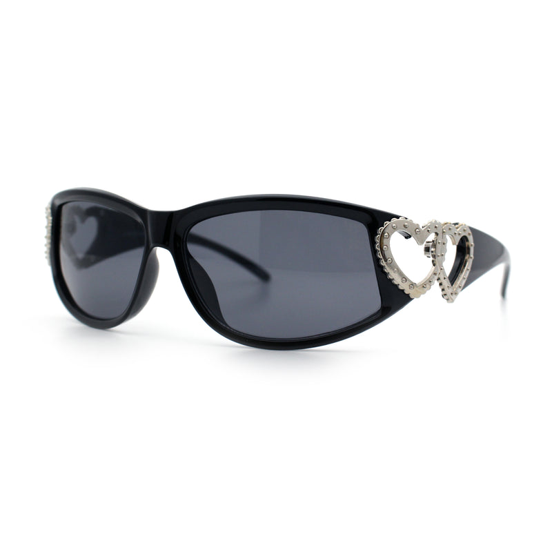 Womens Diva Wrap Around Double Heart Jewel Hinge Plastic Fashion Sunglasses