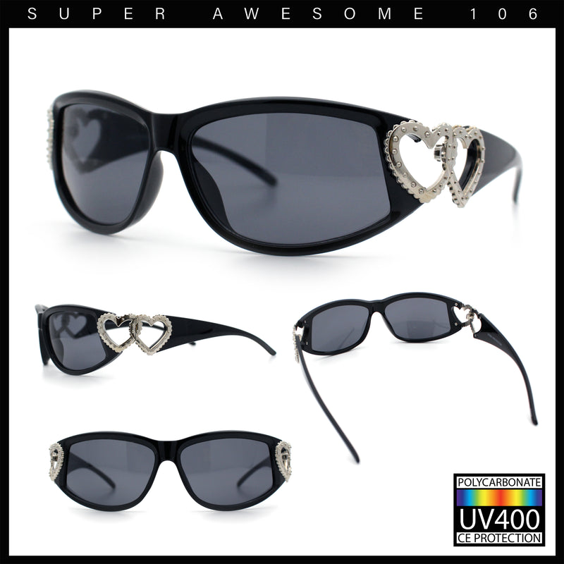 Womens Diva Wrap Around Double Heart Jewel Hinge Plastic Fashion Sunglasses