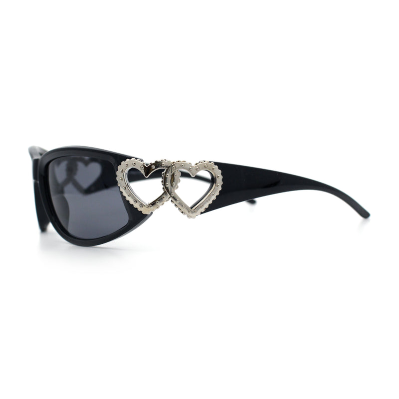 Womens Diva Wrap Around Double Heart Jewel Hinge Plastic Fashion Sunglasses