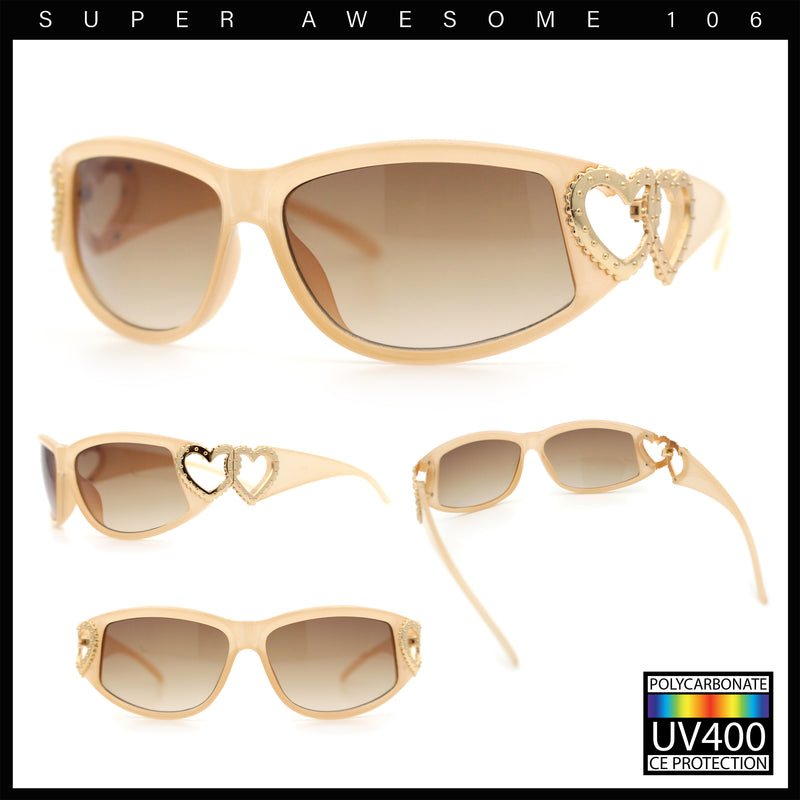 Womens Diva Wrap Around Double Heart Jewel Hinge Plastic Fashion Sunglasses