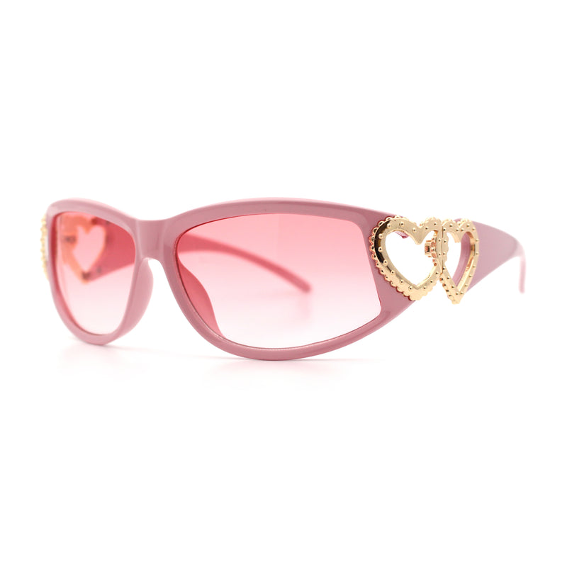 Womens Diva Wrap Around Double Heart Jewel Hinge Plastic Fashion Sunglasses