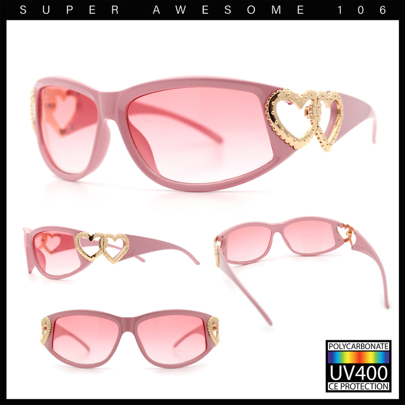 Womens Diva Wrap Around Double Heart Jewel Hinge Plastic Fashion Sunglasses