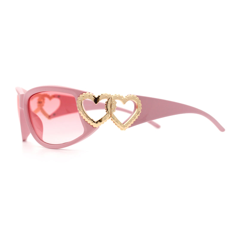 Womens Diva Wrap Around Double Heart Jewel Hinge Plastic Fashion Sunglasses