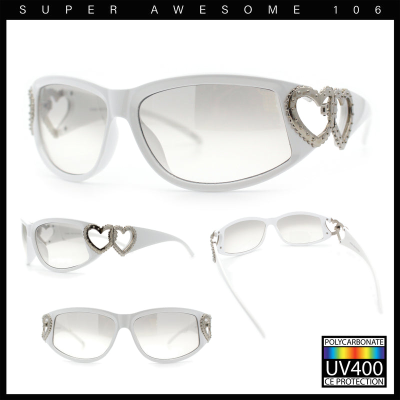 Womens Diva Wrap Around Double Heart Jewel Hinge Plastic Fashion Sunglasses