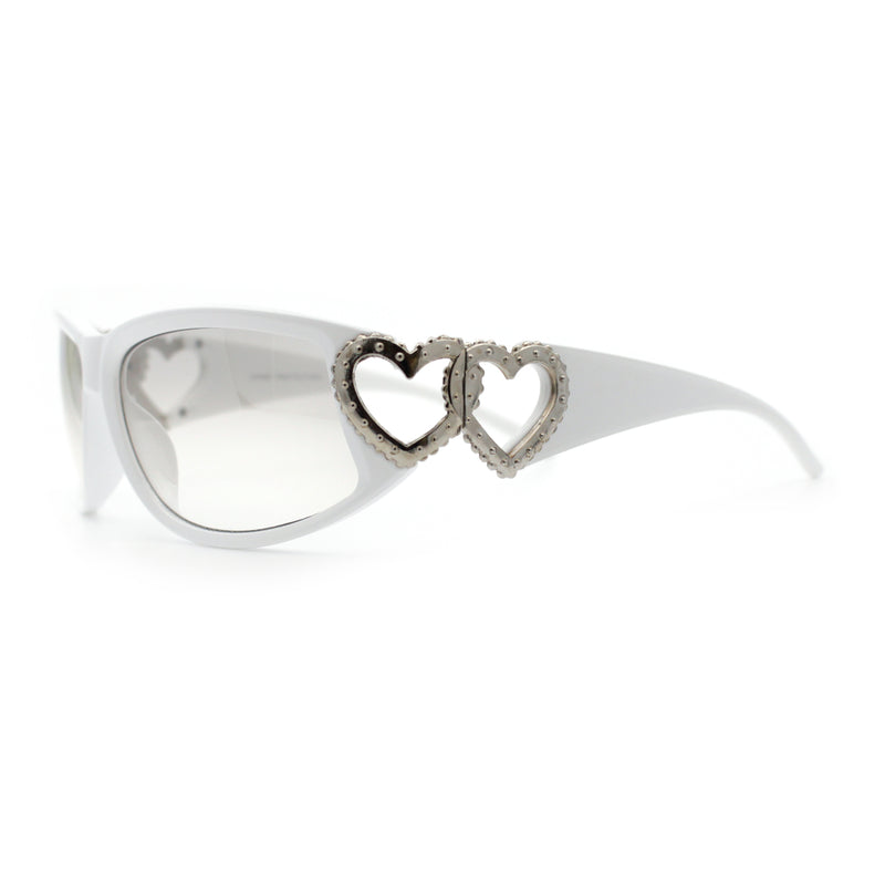 Womens Diva Wrap Around Double Heart Jewel Hinge Plastic Fashion Sunglasses
