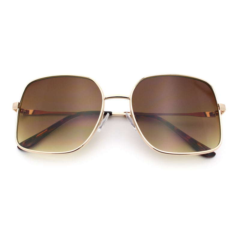 Womens Curved Concave Face Rectangle Oversized Metal Rim Sunglasses