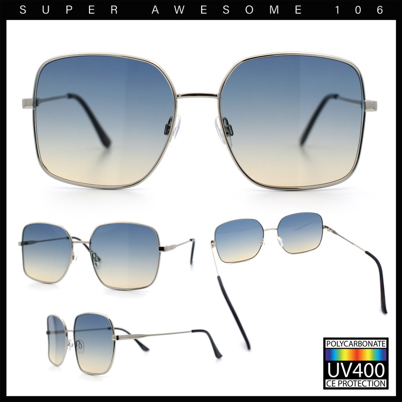 Womens Curved Concave Face Rectangle Oversized Metal Rim Sunglasses