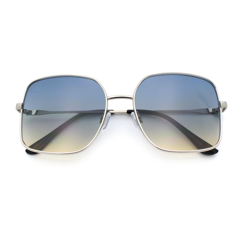 Womens Curved Concave Face Rectangle Oversized Metal Rim Sunglasses
