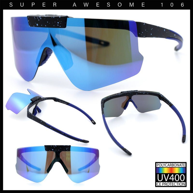 Polarized Mens Flip Up Rimless Oversized Shield Plastic Sport Sunglasses