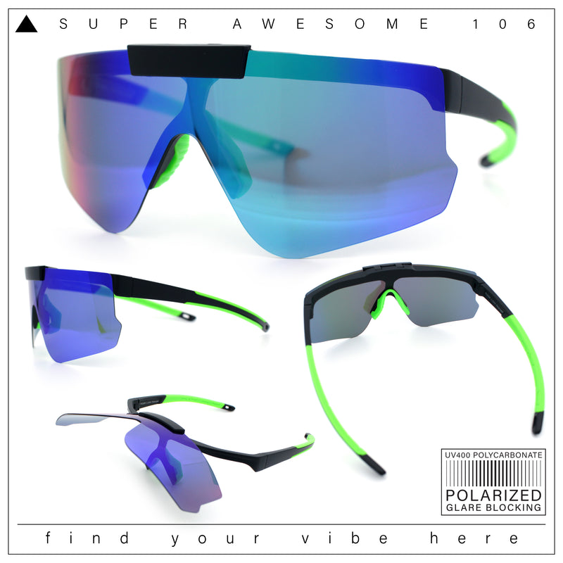 Polarized Mens Flip Up Rimless Oversized Shield Plastic Sport Sunglasses