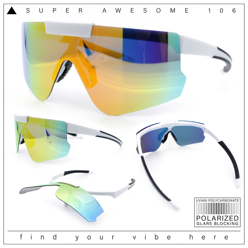 Polarized Mens Flip Up Rimless Oversized Shield Plastic Sport Sunglasses