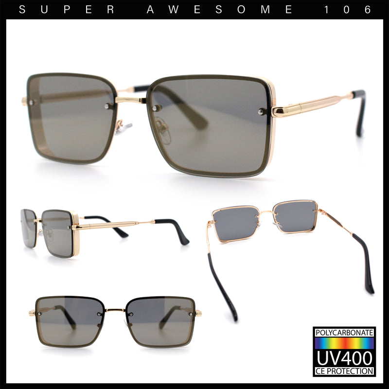 Mens Rimless Narrow Rectangle Dimensional Metal Frame Sunglasses