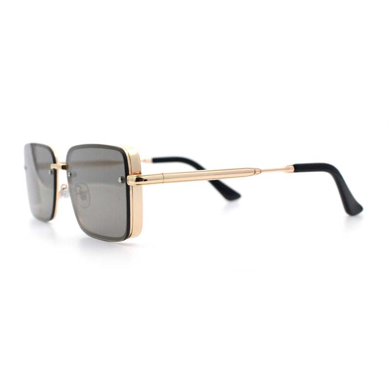 Mens Rimless Narrow Rectangle Dimensional Metal Frame Sunglasses