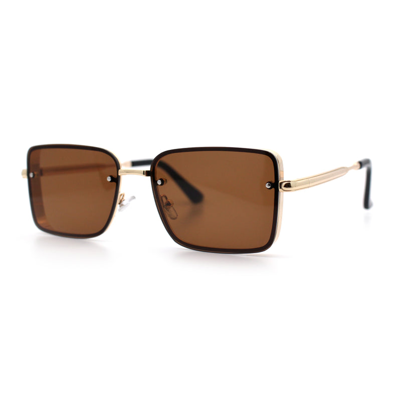 Mens Rimless Narrow Rectangle Dimensional Metal Frame Sunglasses
