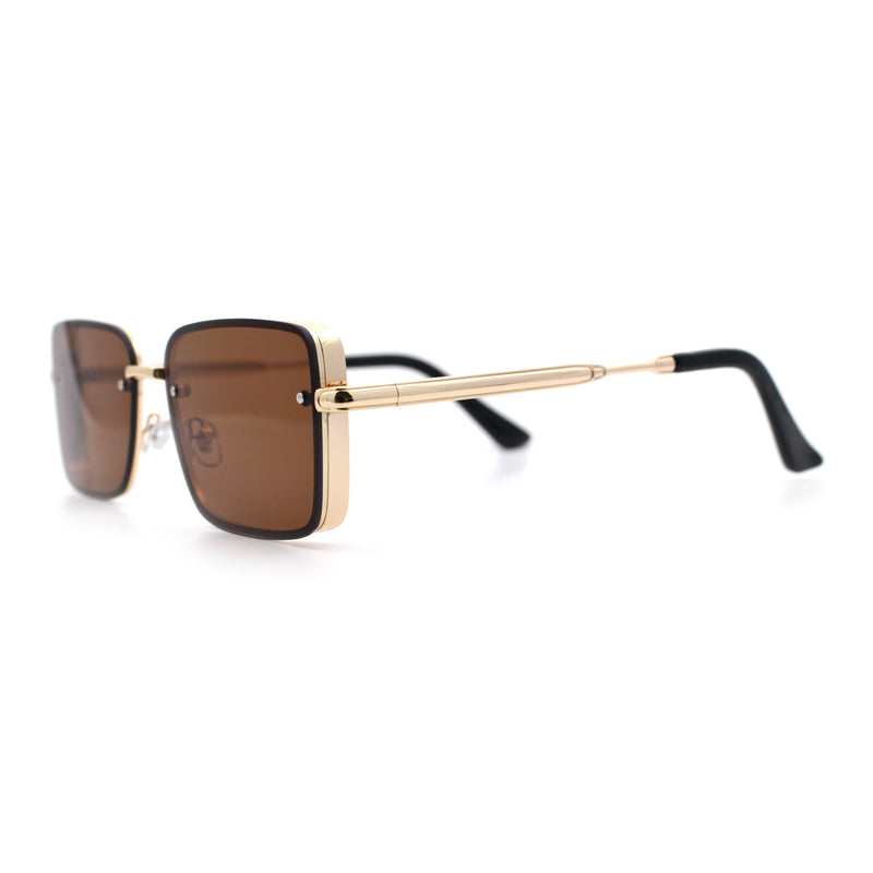 Mens Rimless Narrow Rectangle Dimensional Metal Frame Sunglasses