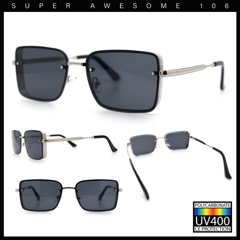 Mens Rimless Narrow Rectangle Dimensional Metal Frame Sunglasses