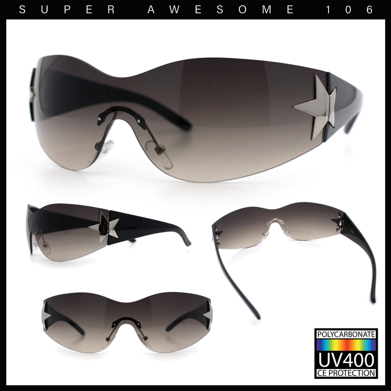 Womens Y2K Diva Rimless Shield Star Jewel Hinge Wrap Sunglasses