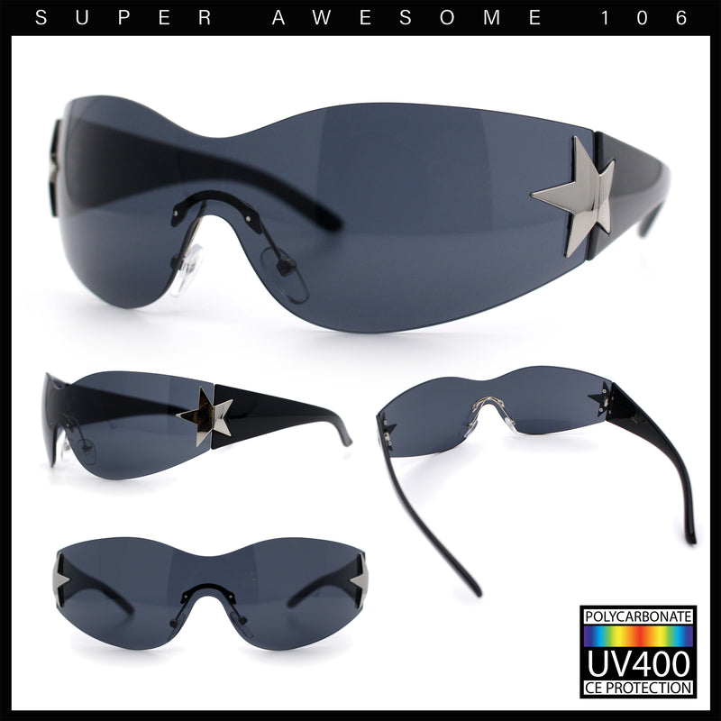 Womens Y2K Diva Rimless Shield Star Jewel Hinge Wrap Sunglasses