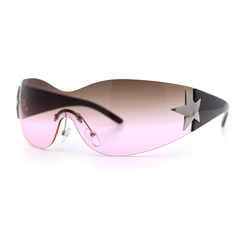 Womens Y2K Diva Rimless Shield Star Jewel Hinge Wrap Sunglasses