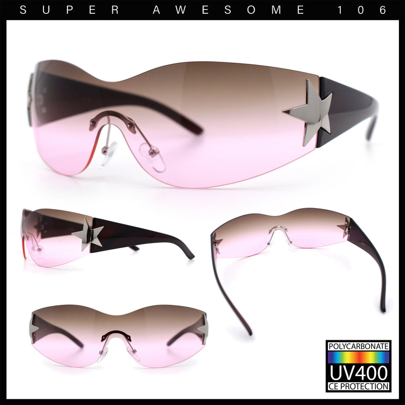 Womens Y2K Diva Rimless Shield Star Jewel Hinge Wrap Sunglasses