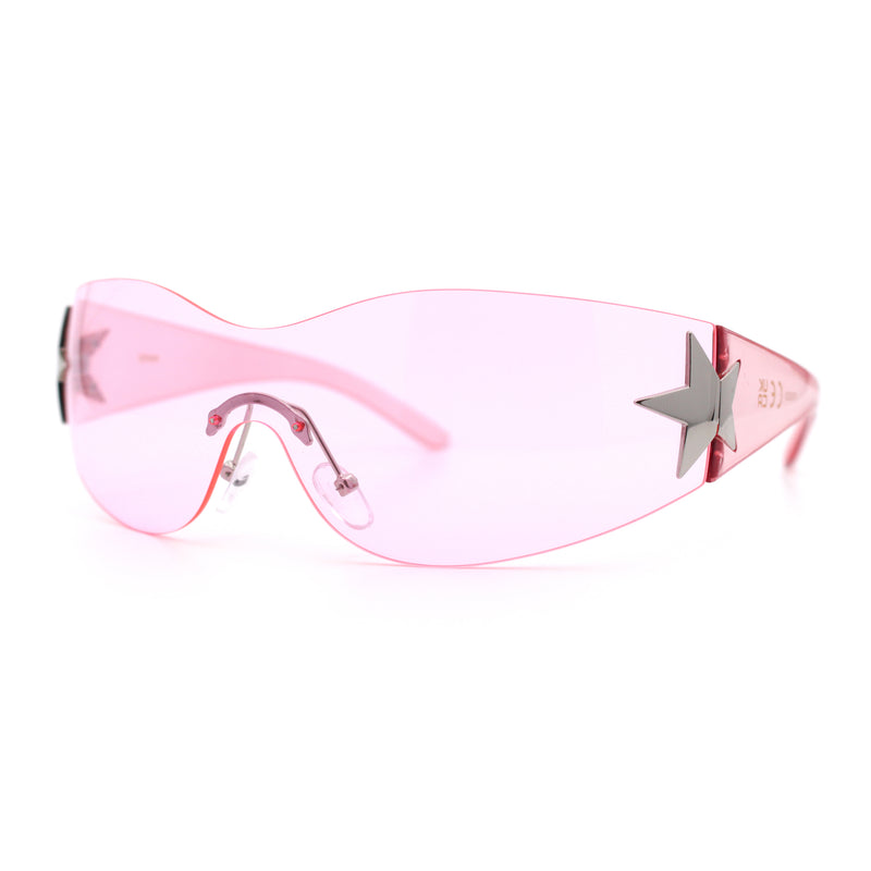 Womens Y2K Diva Rimless Shield Star Jewel Hinge Wrap Sunglasses