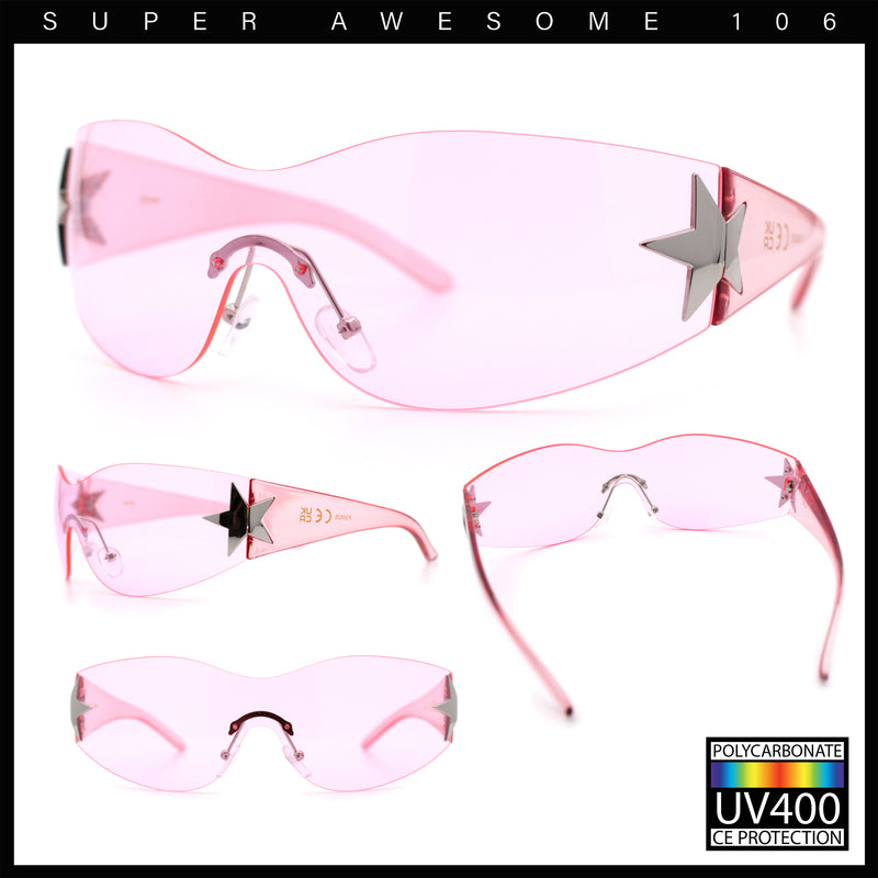 Womens Y2K Diva Rimless Shield Star Jewel Hinge Wrap Sunglasses
