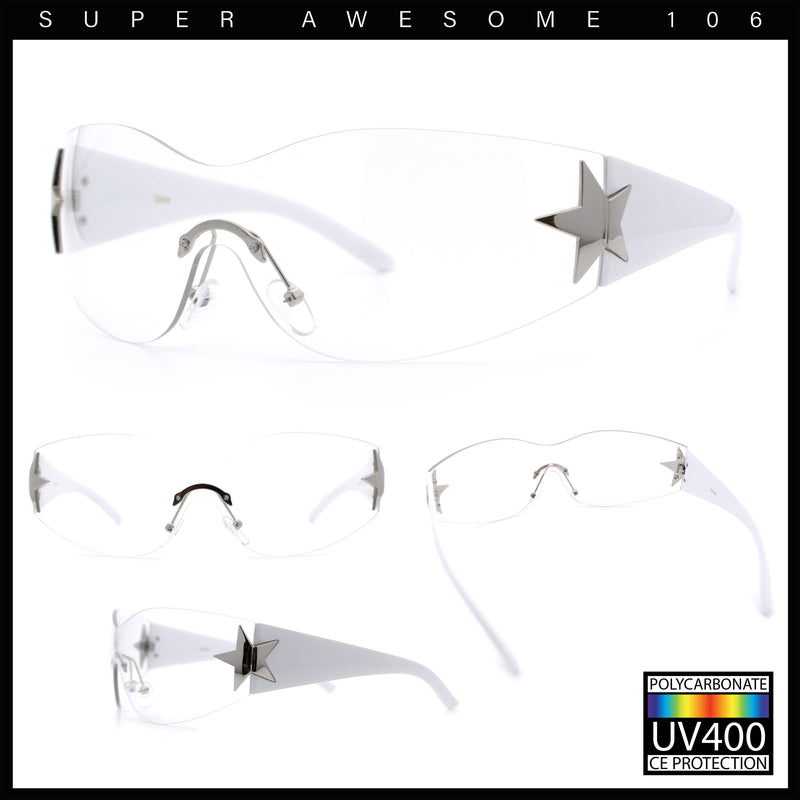 Womens Y2K Diva Rimless Shield Star Jewel Hinge Wrap Sunglasses