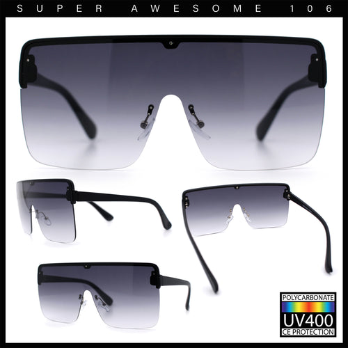 Minimal Oversized Half Rim Shield Flat Top Plastic Mafia Mogul Sunglasses