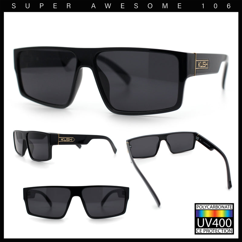 Kush Mens Bold Angle Flat Top Square Rectangle All Black Plastic Sunglasses