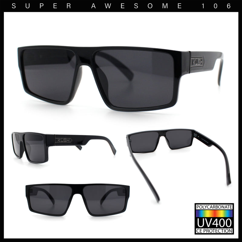 Kush Mens Bold Angle Flat Top Square Rectangle All Black Plastic Sunglasses
