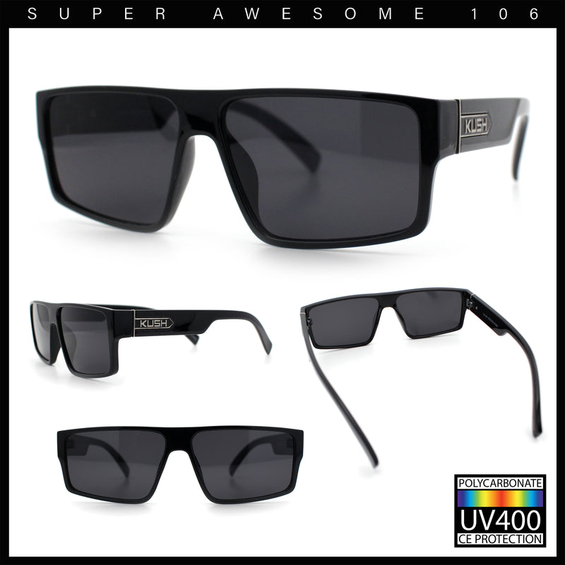 Kush Mens Bold Angle Flat Top Square Rectangle All Black Plastic Sunglasses