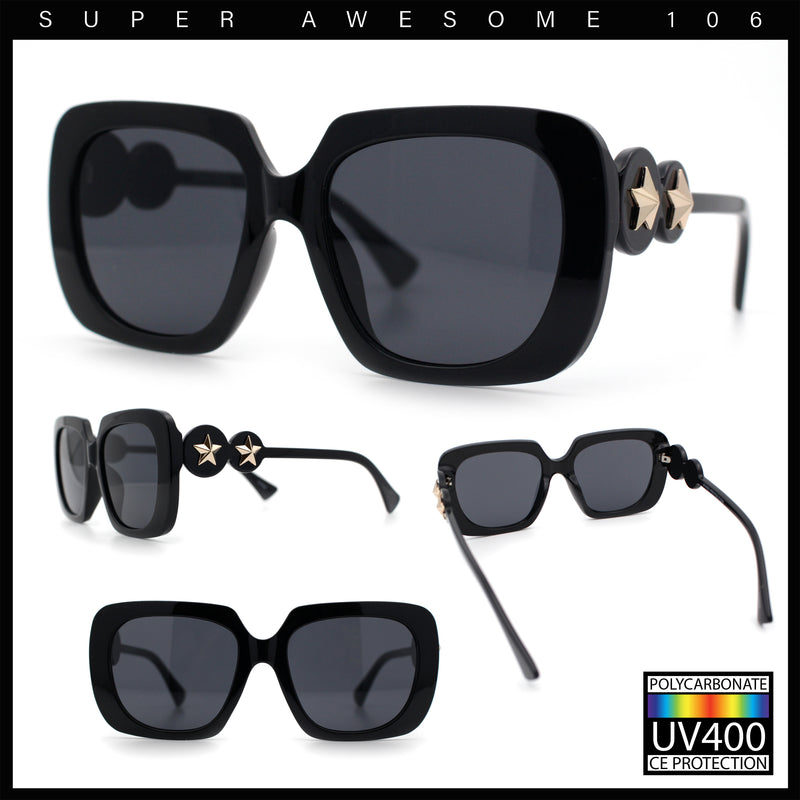 Womens Thick Rectangle Star Stud Jewel Trim Arm Diva Sunglasses