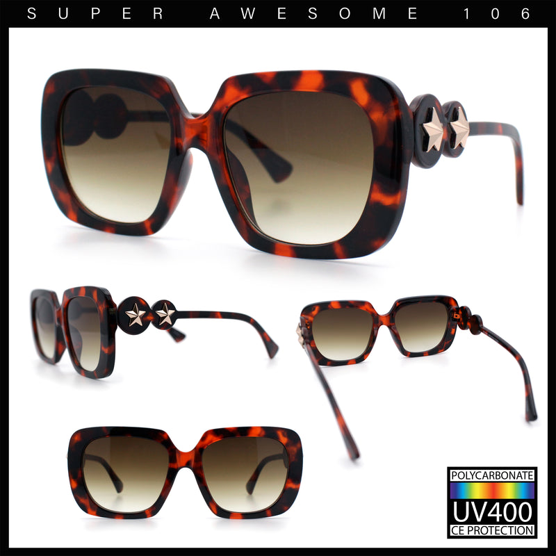 Womens Thick Rectangle Star Stud Jewel Trim Arm Diva Sunglasses