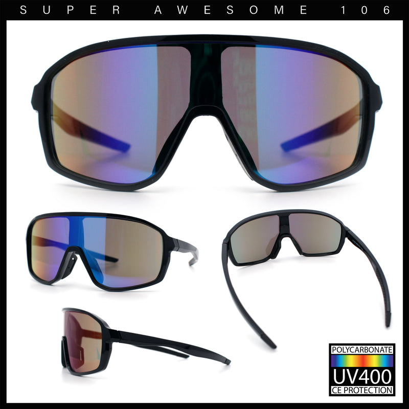 Mens Oversized Shield Color Mirror Sport Wrap Plastic MTB Rectangle Sunglasses