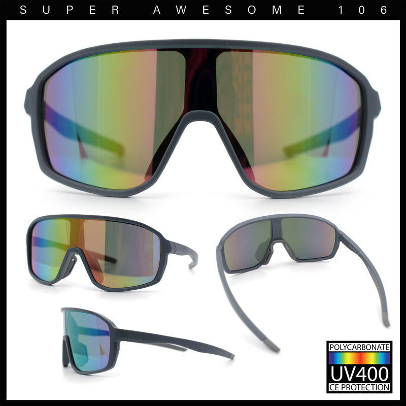 Mens Oversized Shield Color Mirror Sport Wrap Plastic MTB Rectangle Sunglasses