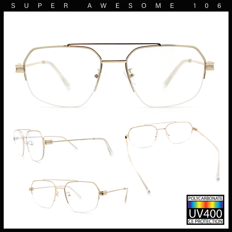 Mens Mobster Luxury Metal Half Rim Rectangular Clear Lens Fashion Eyeglasses